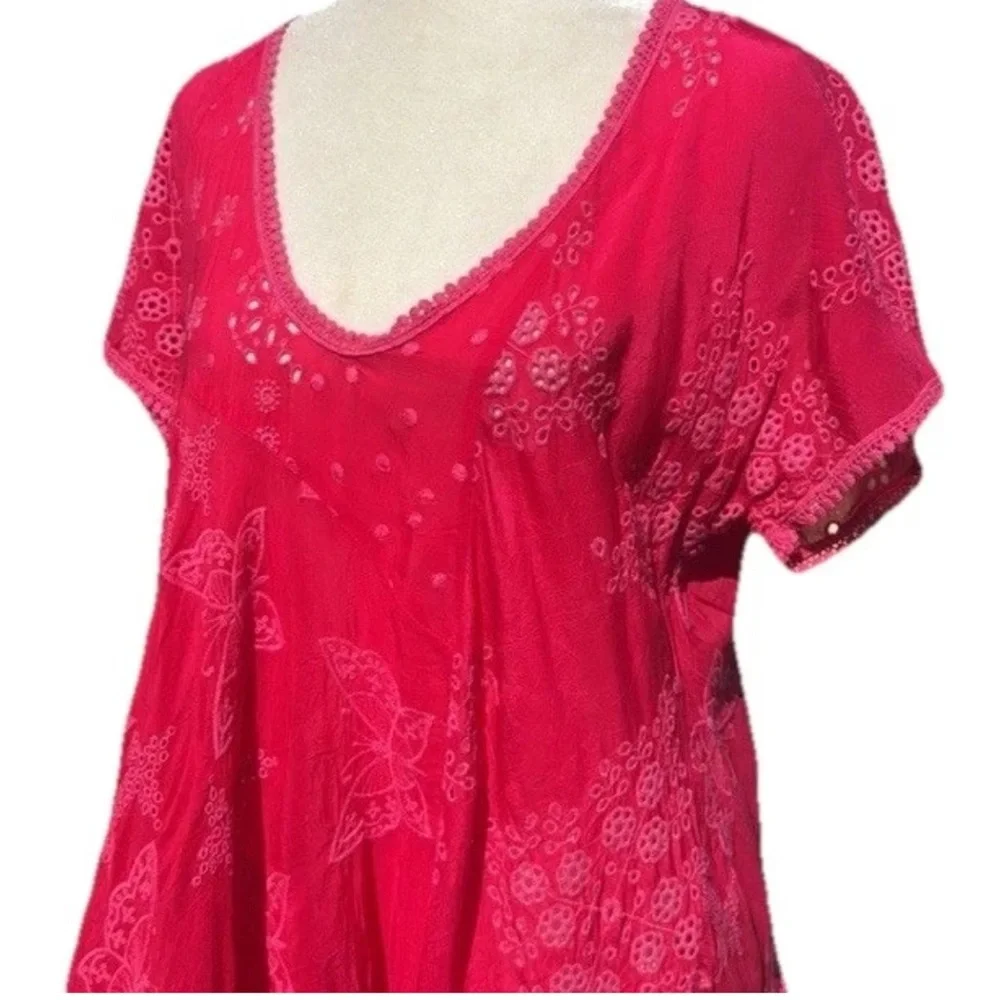 John Was Embroidered Butterfly Fuchsia PinkEyelet Short Sleeve Tunic Top Dress - Picture 4 of 10